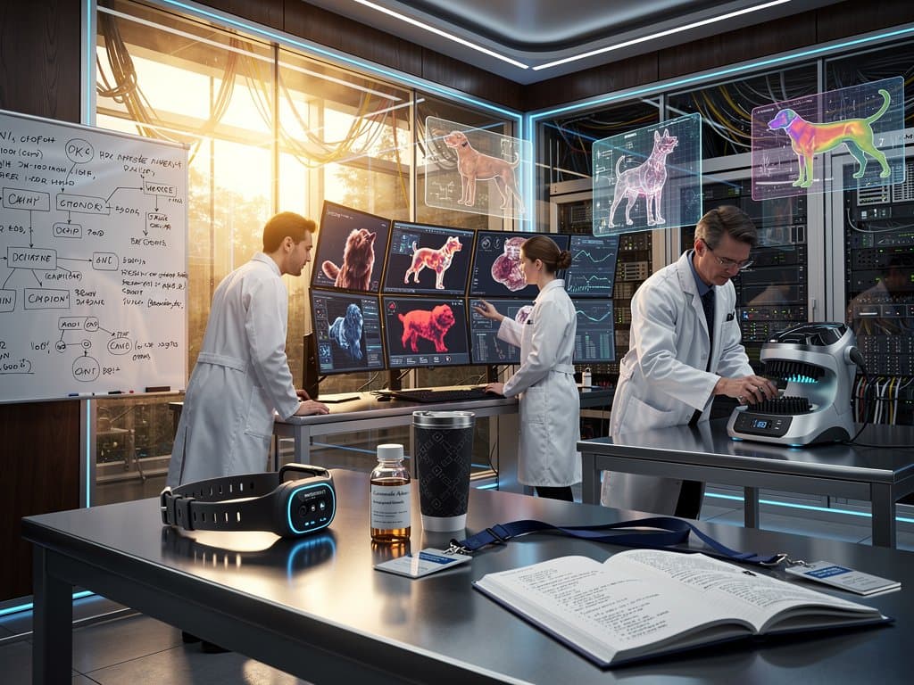 High-tech Labor mit KI-Monitoren für AI-Hundepflege-Analysen und smarten Tools