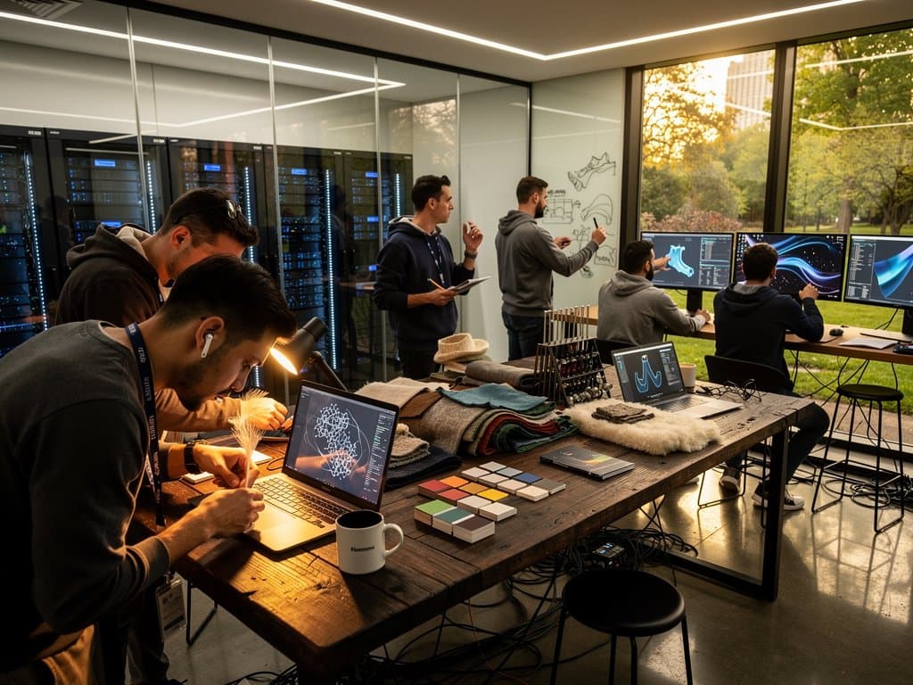 Ingenieure in Allbirds-Labor testen KI-Simulationen für nachhaltige Materialien mit Stoffproben, Monitoren und Servern