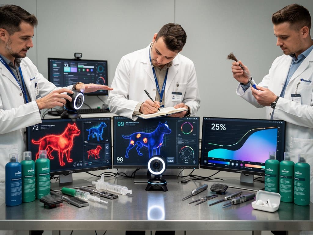 High-tech Grooming-Station mit KI-Monitoren, Hundeanalyse-Grafiken, dm-Shampoos und Tools in professionellem Labor