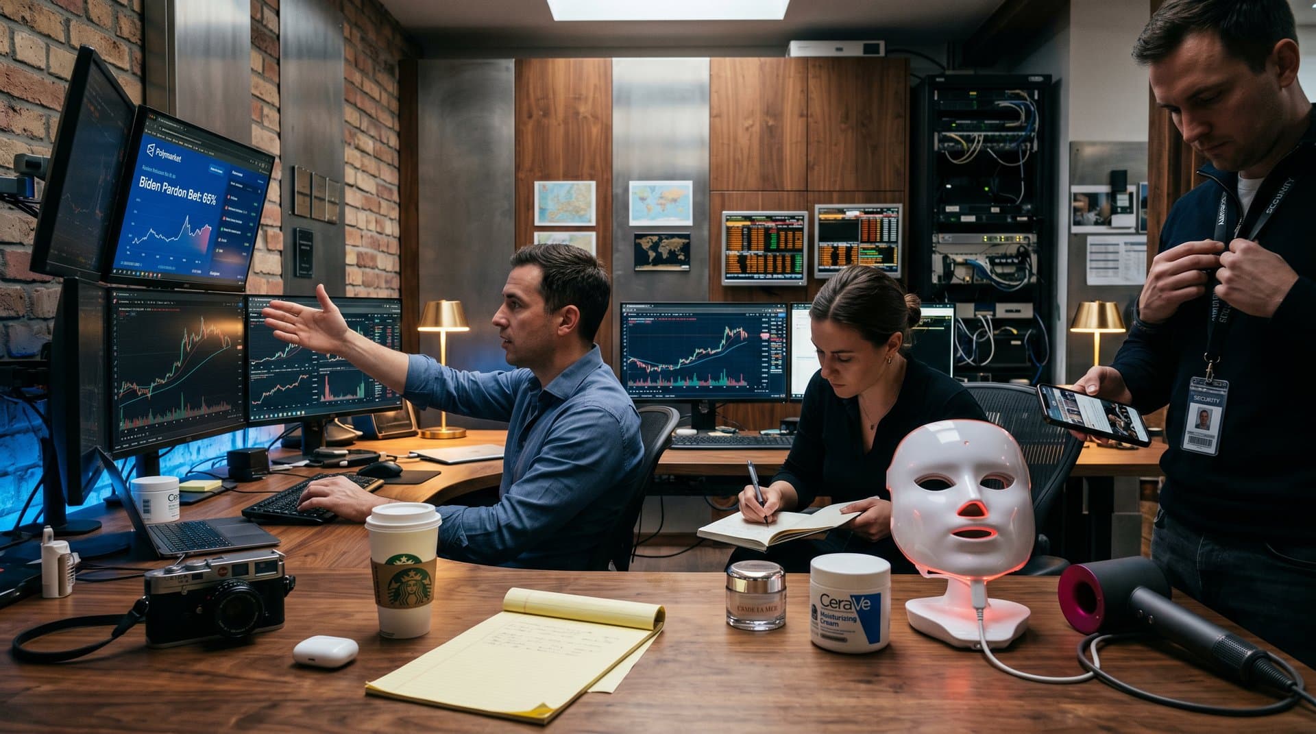 Polymarket-Trader-Setup mit Crypto-Charts, BTC-Preisen und Beauty-Produkten wie LED-Maske und Serums auf Trading-Desk