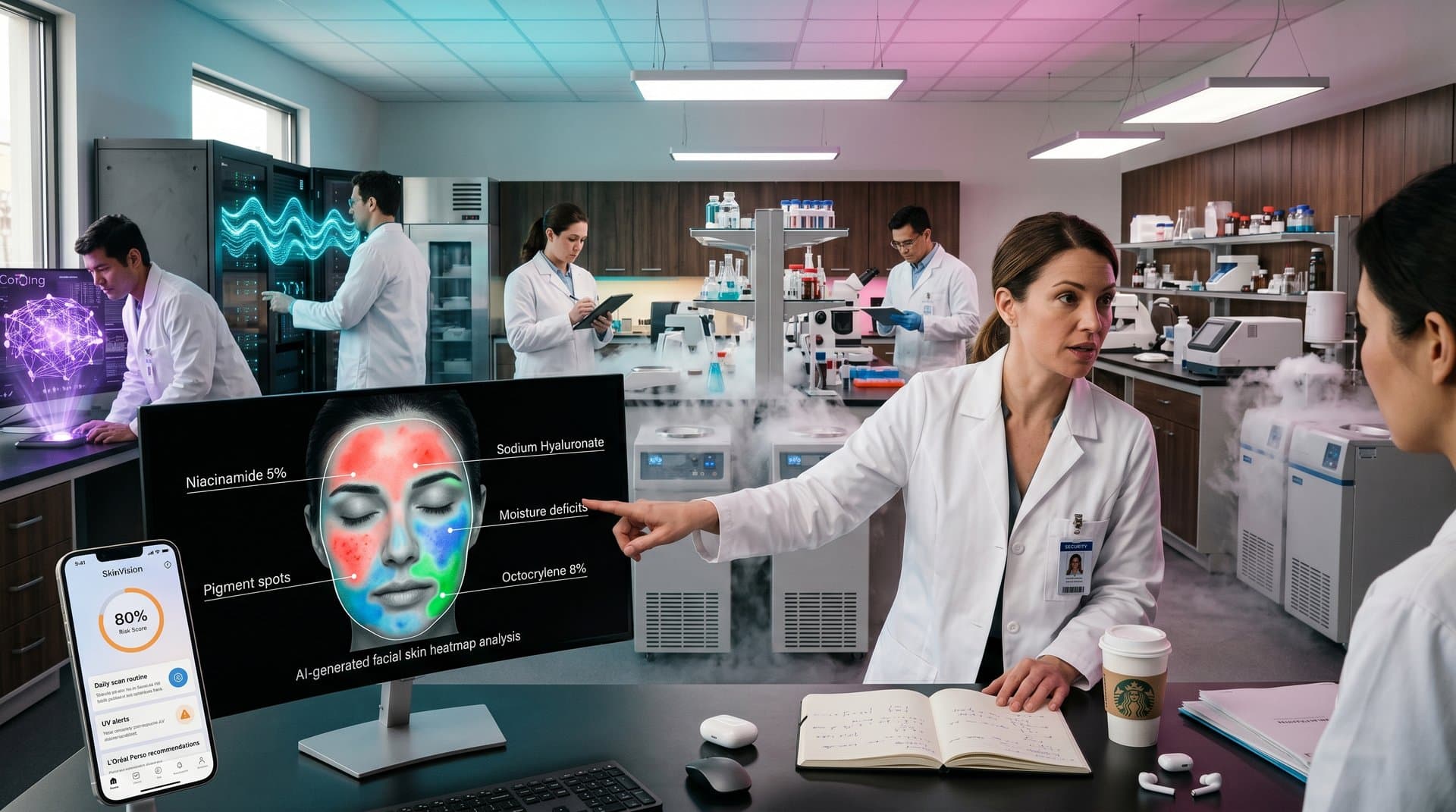 Futuristische KI-Hautanalyse-Heatmap auf Monitor mit App-Screenshot, INCI-Listen und Beauty-Tech-Labor-Elementen