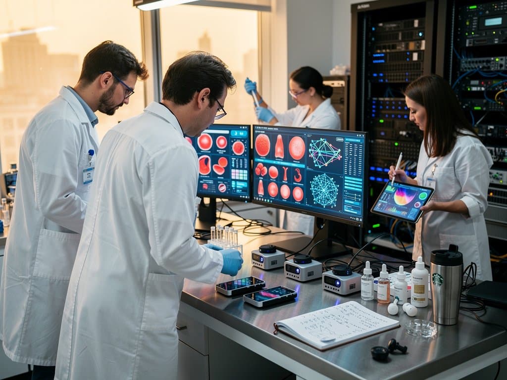 High-Tech-Labor mit Hautanalyse-Heatmaps, 3D-Modellen, INCI-Listen und Server-Racks für medizinische KI Hautpflege