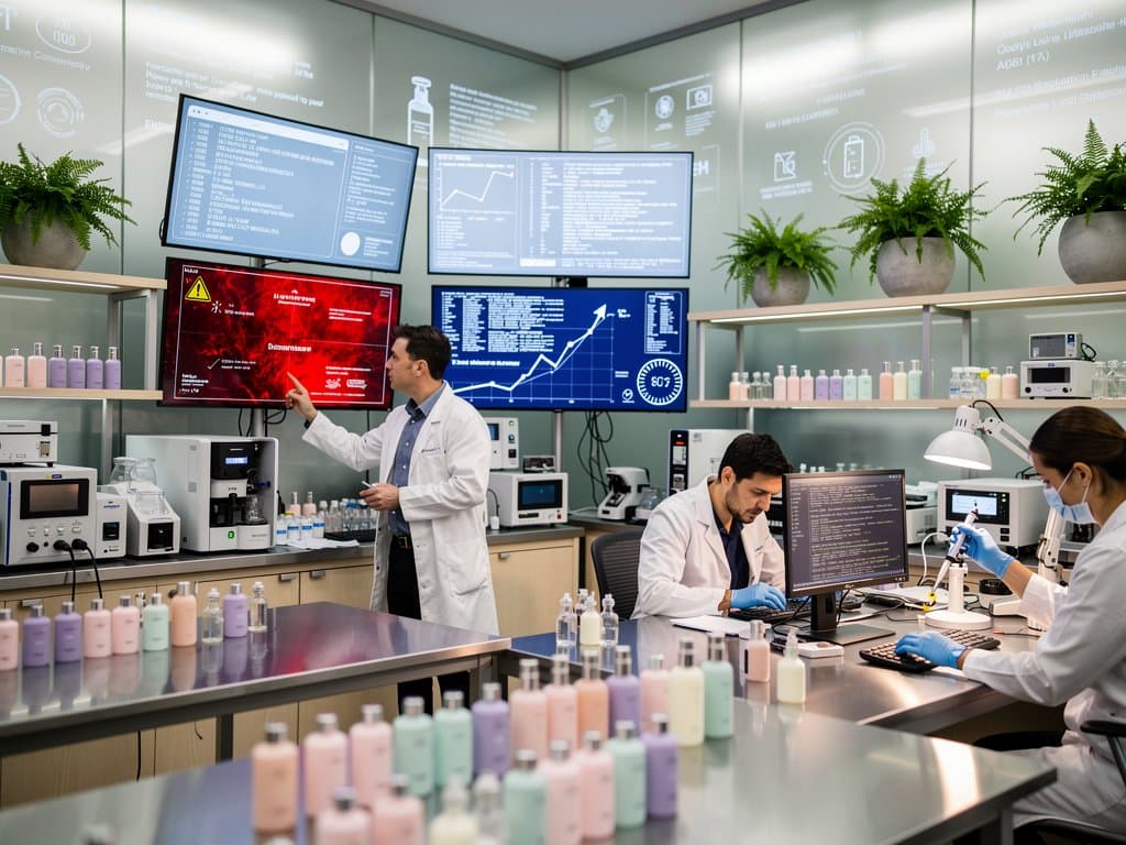 Beauty-Tech-Labor mit KI-Displays, INCI-Listen und Pflegeprodukten unter Neonlicht
