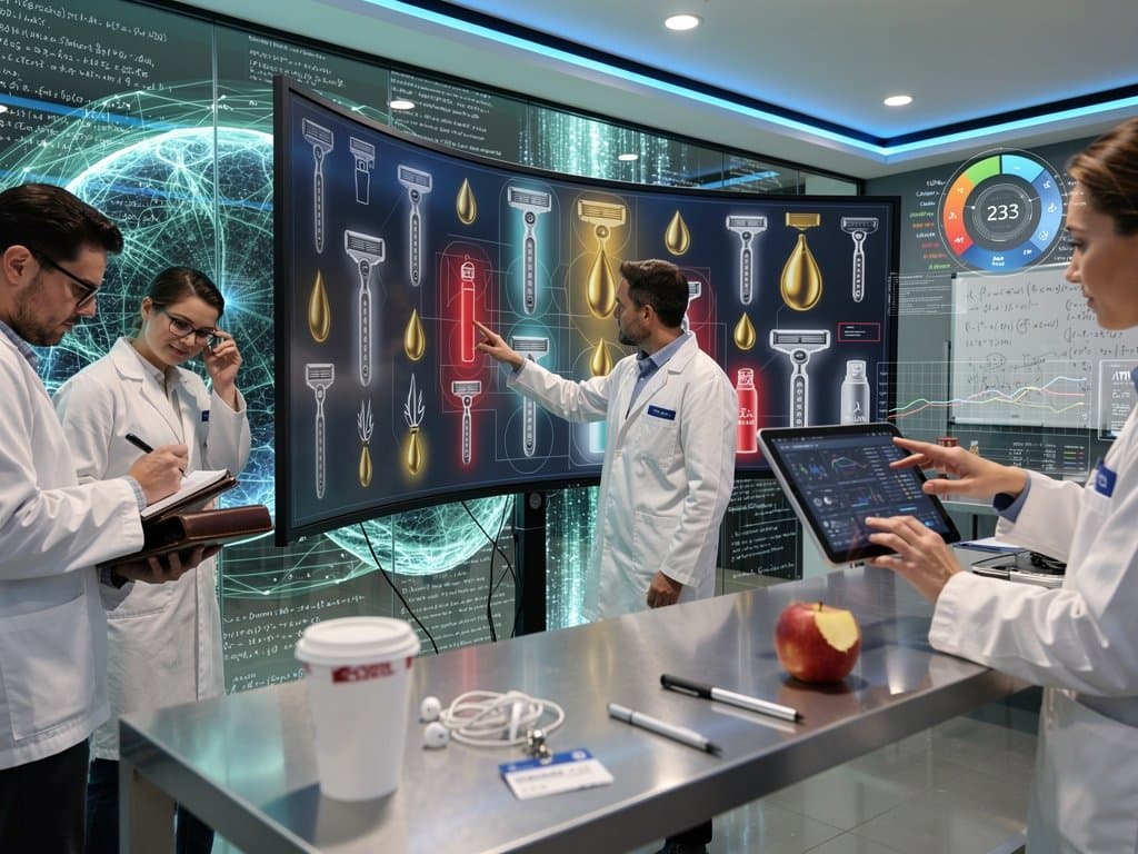 AI-Ingenieure in Tech-Lab analysieren Grooming-Trademarks mit Heatmaps und Logo-Vergleichen auf Monitoren