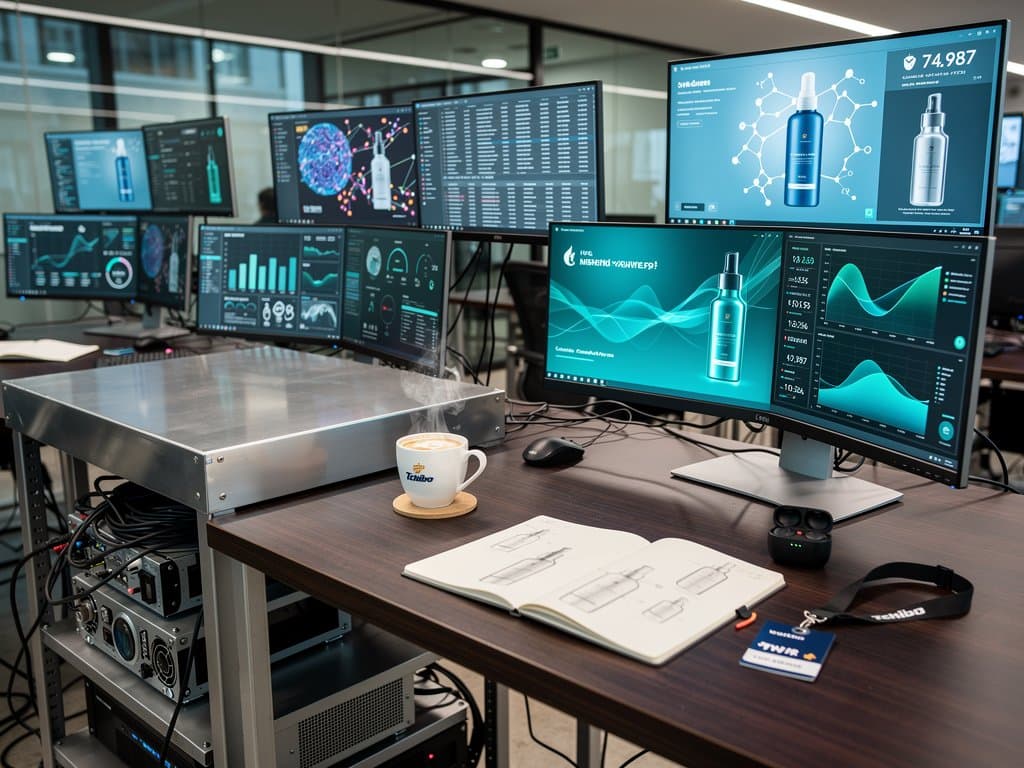 AI Markensuche Beauty: Screens mit Logos, INCI und Neural Nets in Tech-Büro