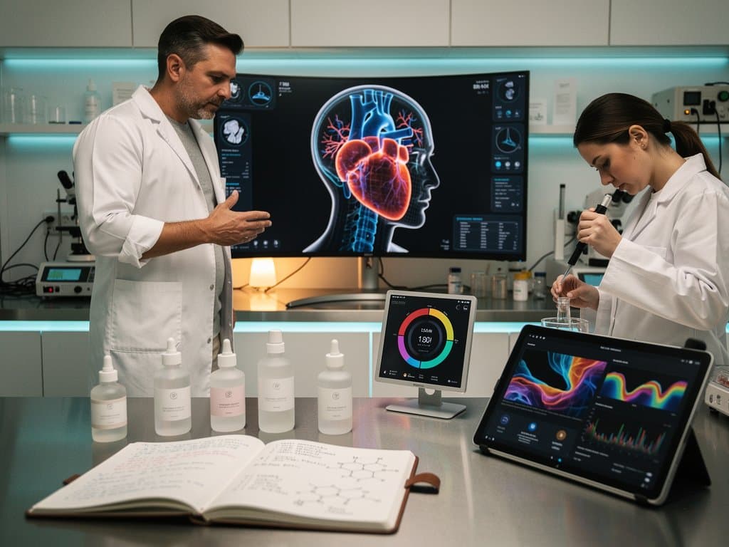 Beauty-Tech-Labor: AI-Herzmodell aus Head-CT-Scan, Serum-Flaschen mit Niacinamide und INCI-Listen auf Monitor