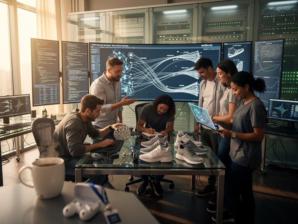 Ingenieure in AI-Labor analysieren Simulationen für Allbirds-Schuhproduktion mit 3D-Modellen und Monitoren