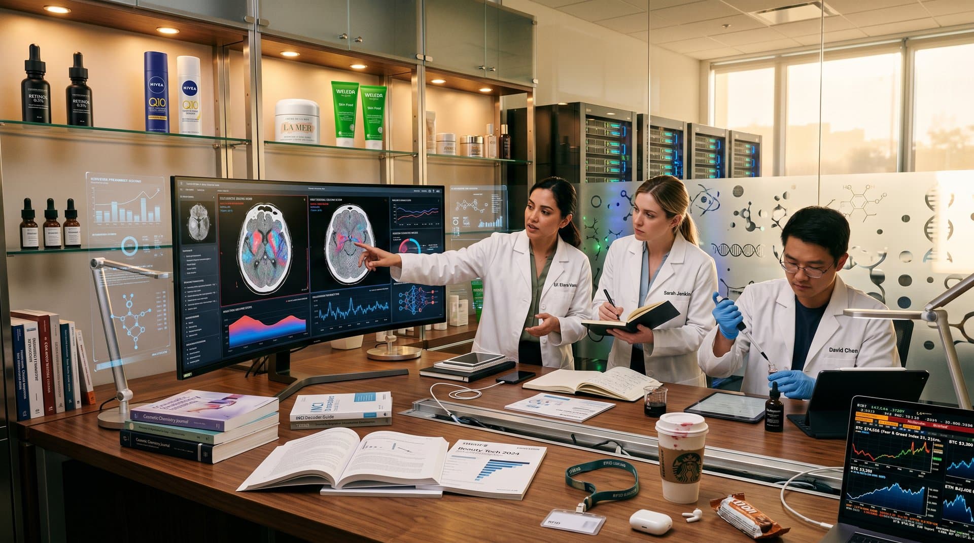 AI-Overlays auf CT-Scans für Herzrisiken neben Beauty-Produkten und Krypto-Charts in modernem Tech-Labor