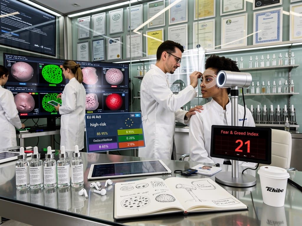 Beauty tech lab mit AI-Hautscans, INCI-Displays, Compliance-Charts und Fear Index in modernem Design