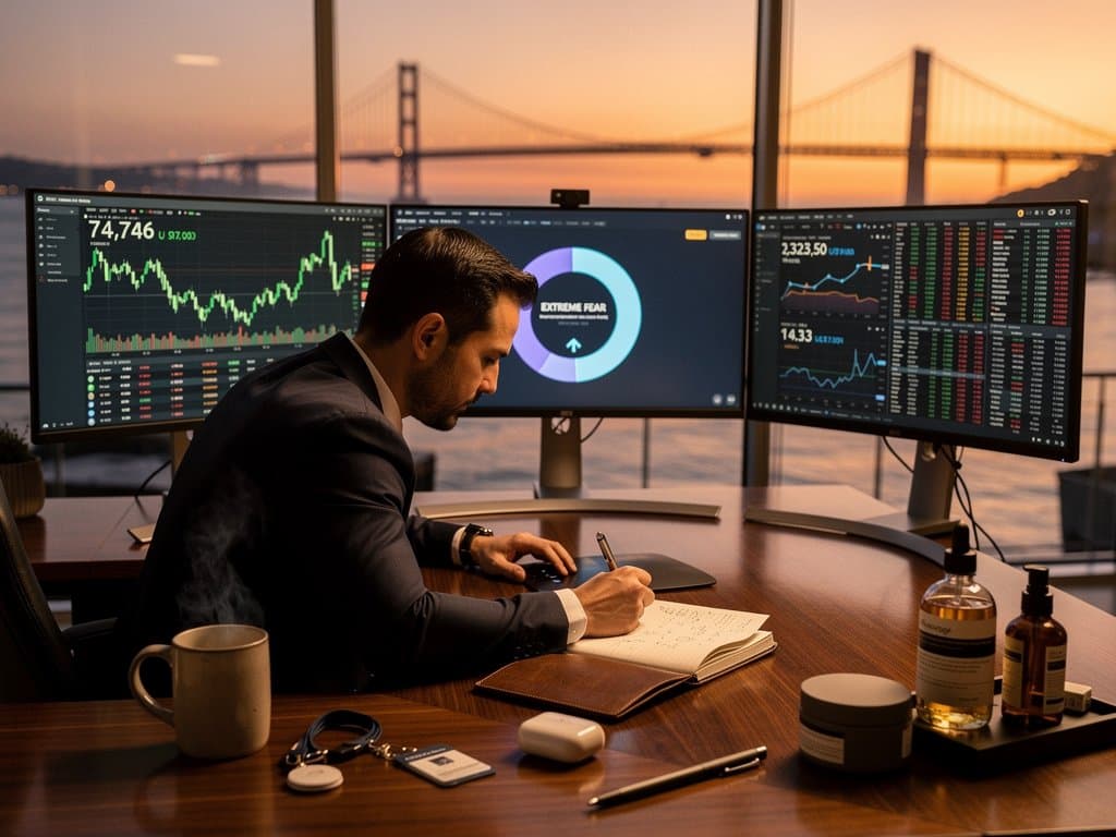 Trading-Desk mit Schwab Spot Crypto Trading BTC-Charts bei 74.746 USD, Fear & Greed Index 21 und Grooming-Produkten