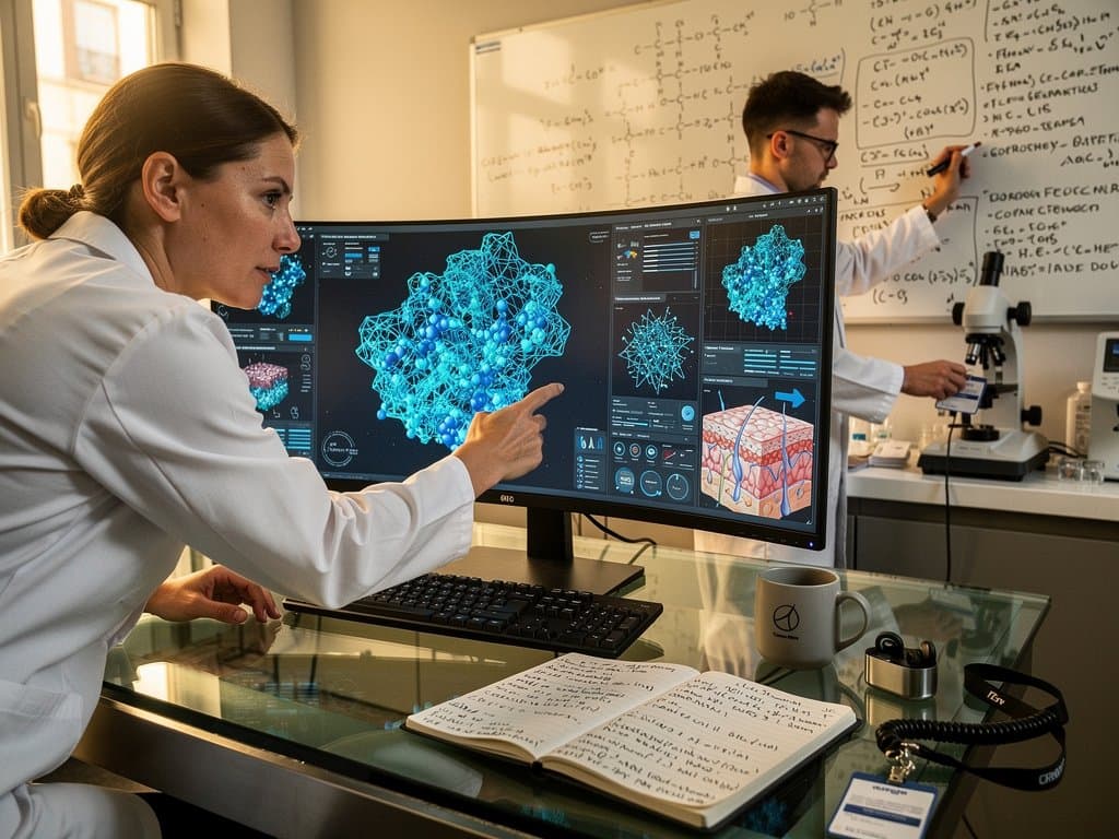 High-Tech-Labor mit 3D-KI-Proteinmodellen, Monitoren und Beauty-Tech-Elementen