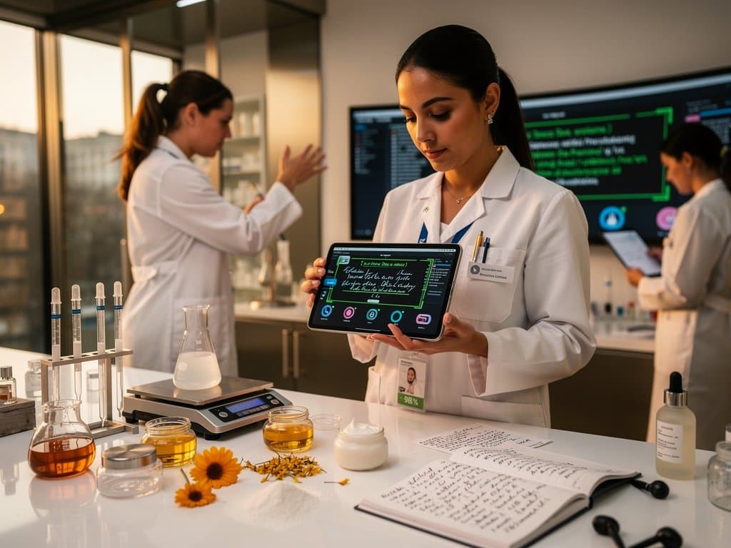 Apothekerin mit KI-Rezeptverarbeitung in modernem Labor, personalisierte Pflegeprodukte und INCI-Listen