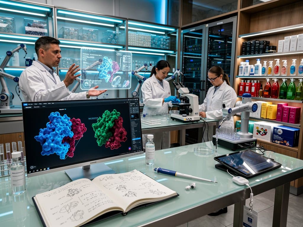 3D-KI-Proteinmodelle auf Monitor in Beauty-Tech-Labor mit Serumflaschen und INCI-Listen