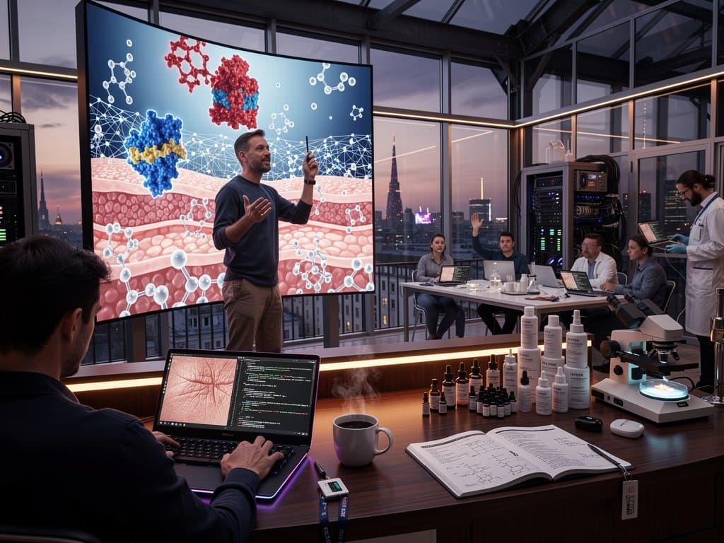 3D-Modelle von KI-Proteinen und Hautschichten auf Monitoren in modernem Labor