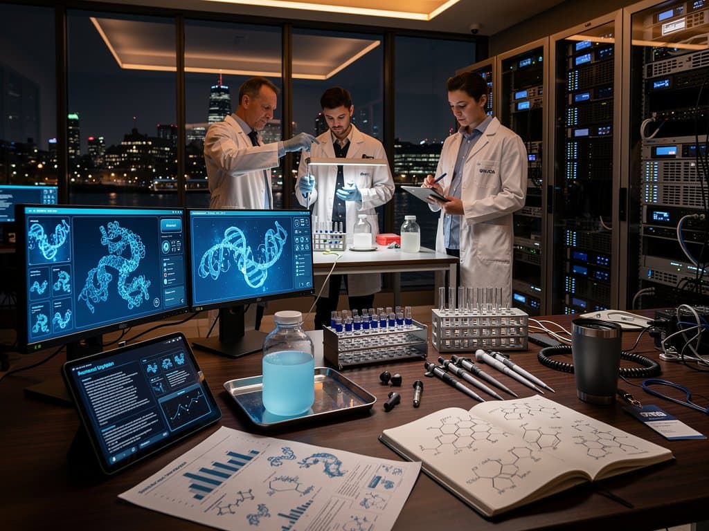 3D-Proteinstrukturen auf Monitoren in High-Tech-Labor mit AI-Skincare-Innovationen und DeepMind AlphaFold