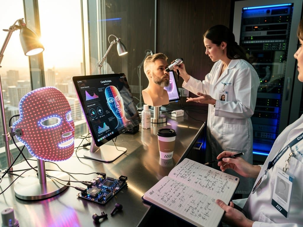 Beauty-Tech-Labor mit Synopsys AI-Chips, LED-Masken und Smart-Grooming-Geräten auf Arbeitsfläche