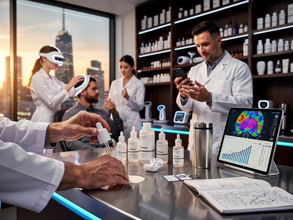 Beauty Tech Setup: Hände wenden Skincare-Produkte an, App zeigt KI-Herzscreening-Heatmap aus CT-Scan mit INCI-Listen