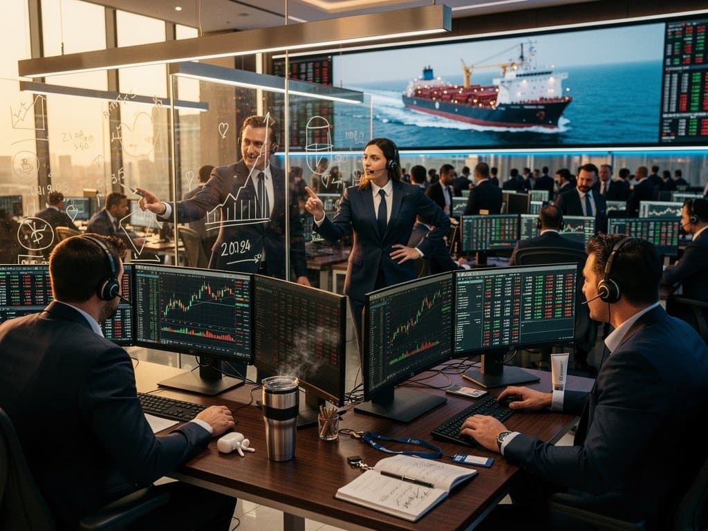 Trading-Terminals mit BTC-Charts bei 78.012 USD, Hormuz-News und Grooming-Produkten für Resilienz, abstrakte Finanz- und Beauty-Szene