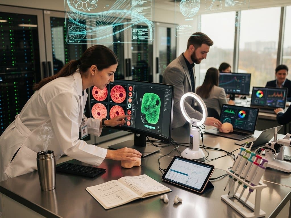 High-Tech-Display mit KI-Analyse von Hautläsionen und Melanoma-Risiko-Overlays in futuristischem Lab-Ambiente