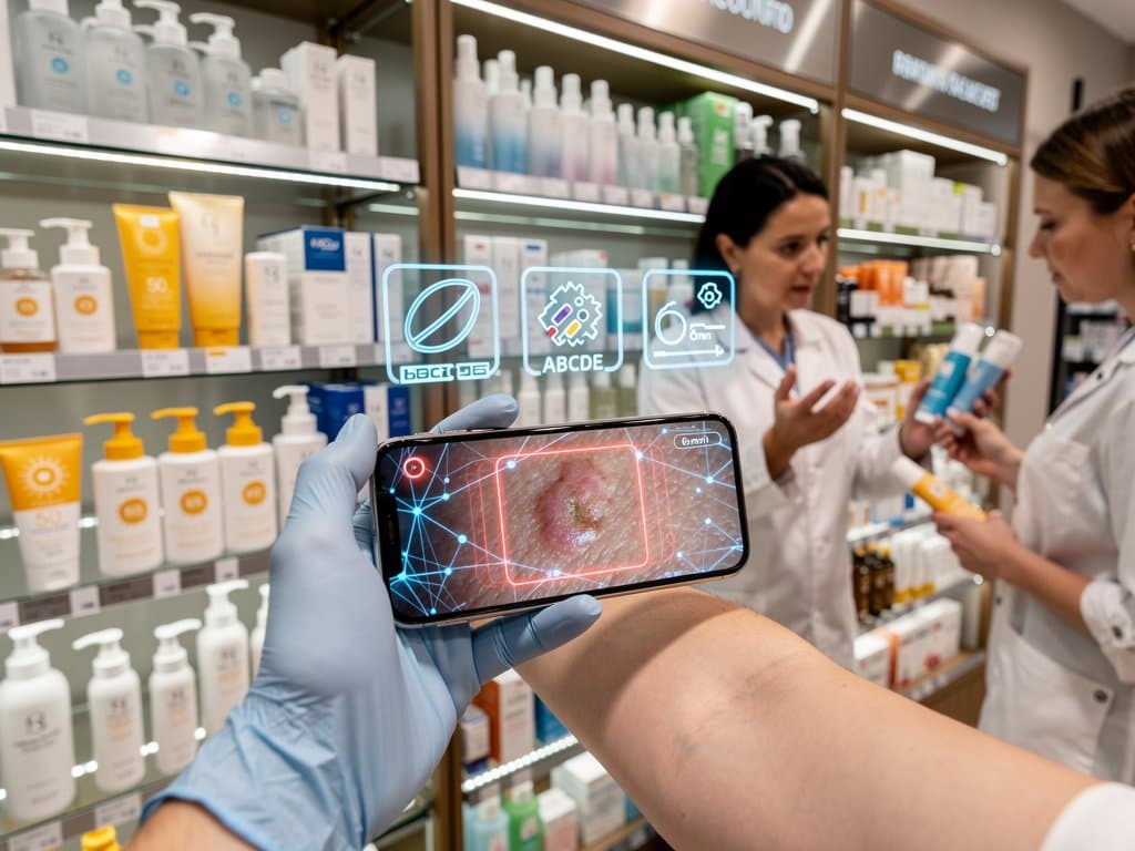 KI analysiert Hautbild mit Melanom-Markierungen, Drogerie-Produkte und Markt-Wachstum im Hintergrund