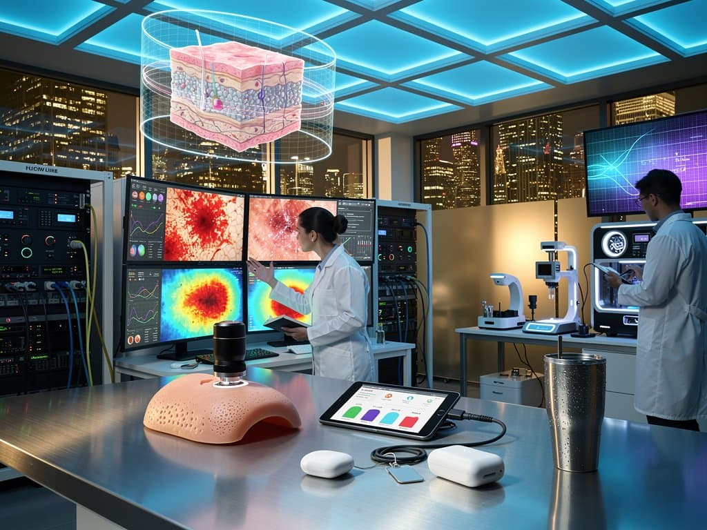 KI-Hautkrebs-Scans mit Heatmaps auf High-End-Monitors in modernem Dermatologie-Labor