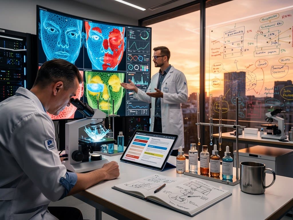 OpenAI-Labor: AI-Analyse von Hautdaten auf Monitor mit Biomarkern, Mikroskop und Serum-Produkten