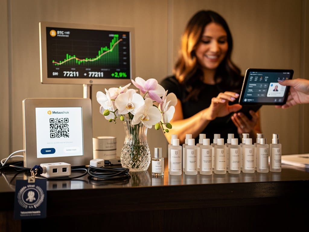 Luxus-Spa-Rezeption in Utah-Hotel mit Krypto-Zahlterminal, Stylist-Konsultation und digitalen Bildschirmen im Hintergrund