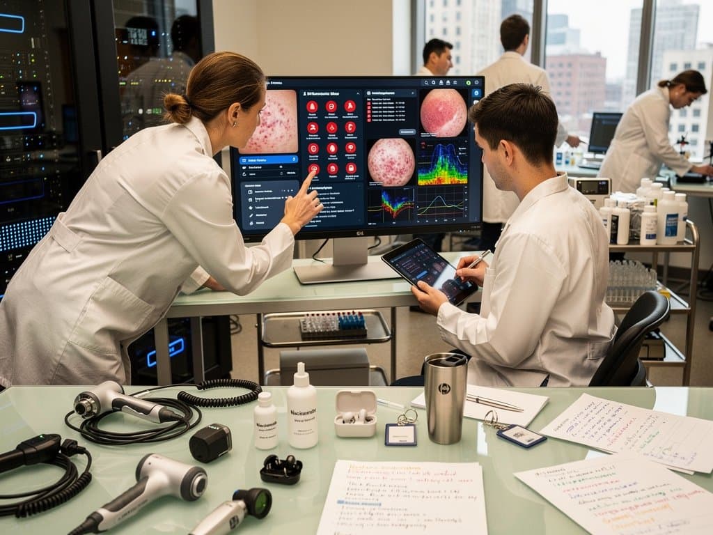 Abstraktes Labor mit Monitoren zu KI-Differentialdiagnosen, Hautscans und Skincare-Wirkstoffen