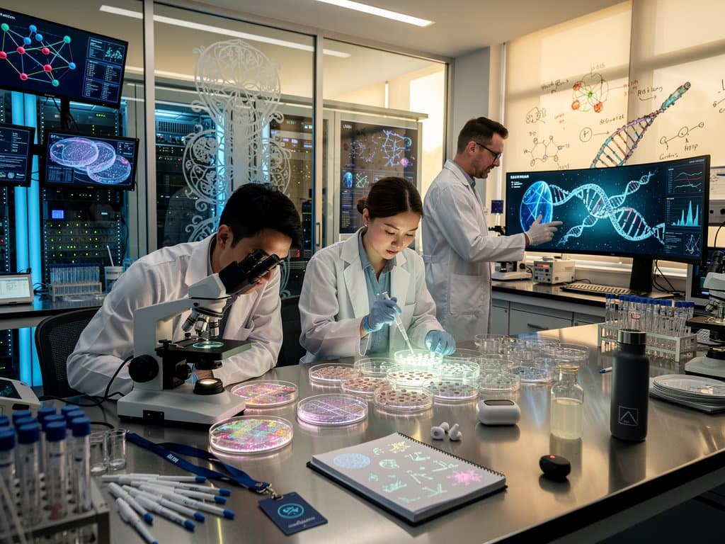 Abstraktes Biotech-Labor mit AI-Monitoren für Hautzellen-Scans und moderne Ausrüstung