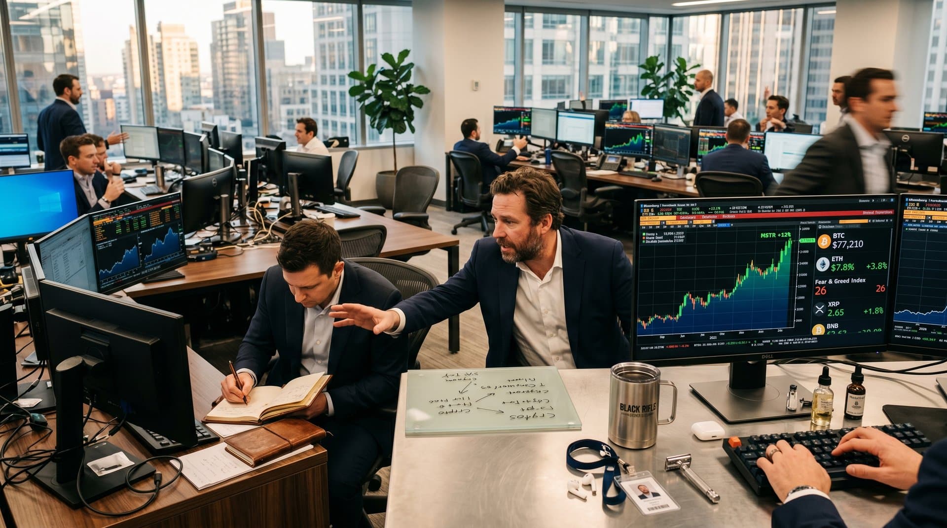 Trading-Floor mit MSTR +12%, BTC-Charts und Grooming-Produkten auf Desk