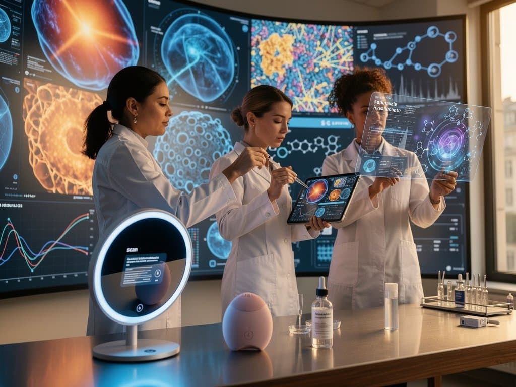 Expertinnen testen AI-Grooming-Tech in L'Oréal-Labor mit Monitoren und Hautscannern