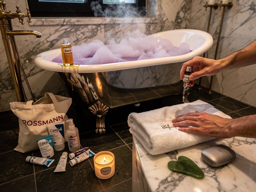 Home-Spa-Ritual mit Balea-Öl und Drogerie-Produkten gegen Crypto-Stress, Dampf und Lavendelduft