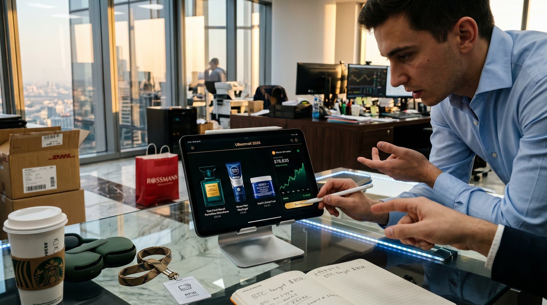 UBestmall 2026 Plattform-Interface mit Luxus-Grooming-Produkten und BTC-Wallet-QR-Code auf Tablet