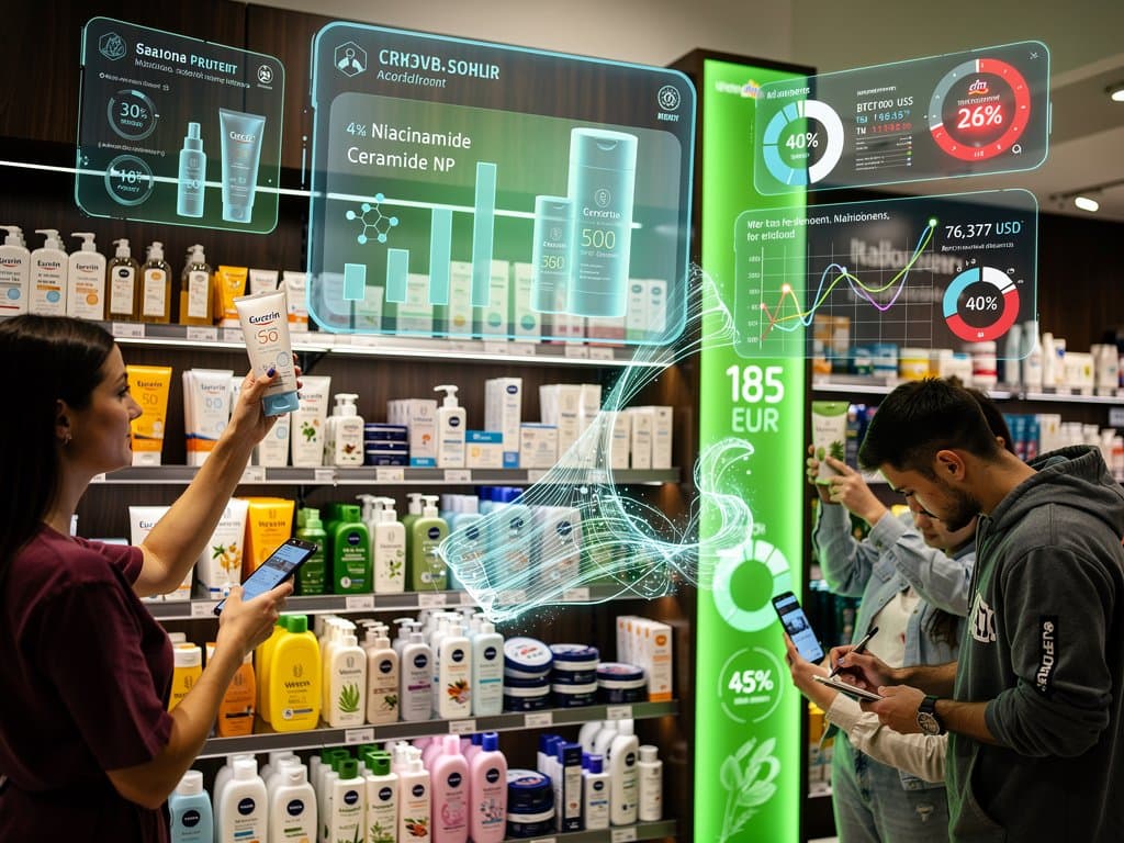 AI-Dashboard mit INCI-Listen, Beauty-Produkten und Finanzcharts in Drogerie-Setting