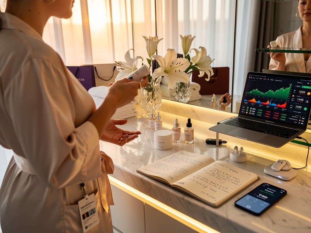 Beauty-Produkte auf Vanity mit Krypto-Charts, BTC-Preis 76.013 USD, Fear & Greed Index 26, Drogerie-Tüten und Hardware-Wallet