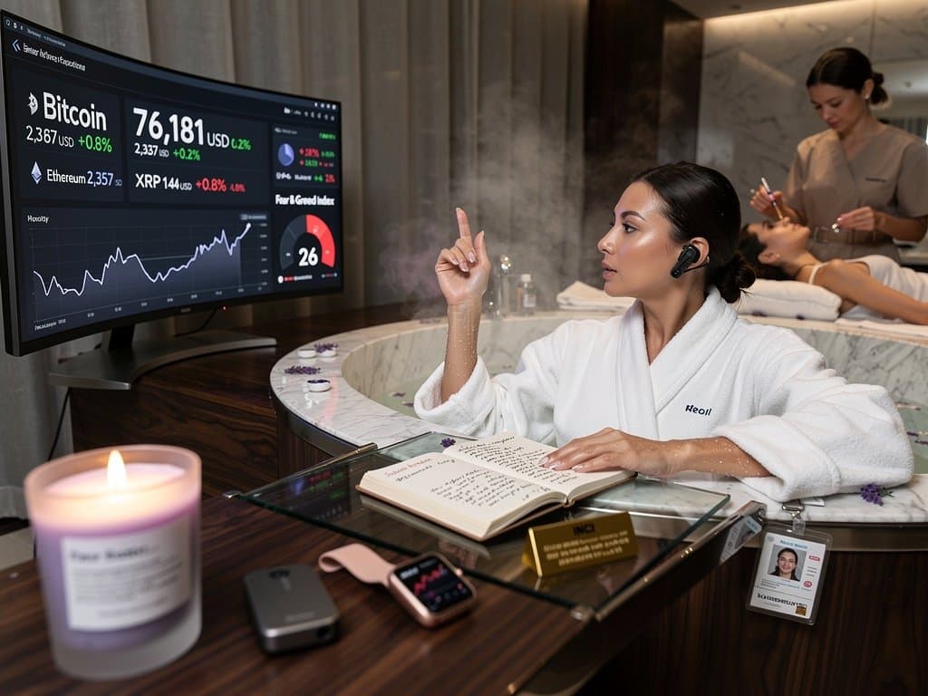 Wellness-Spa mit Crypto-Charts: BTC 76.181 USD, Fear Index 26 und Beauty-Produkte