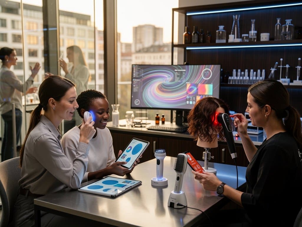 KI-Pflegegeräte Test in modernem Lab: Scanner, Hairstyler, Heatmaps auf Monitoren und Prototypen