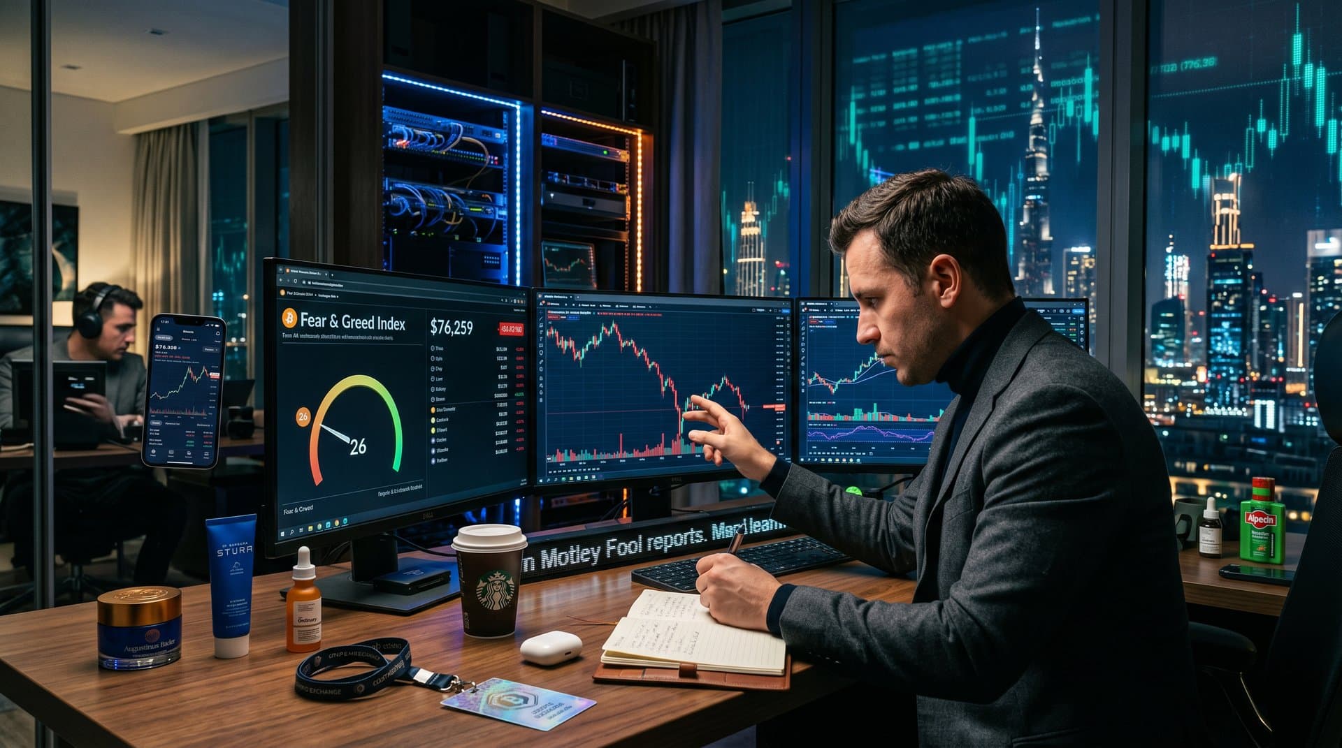 Trading Desk mit Bitcoin-Charts, Grooming-Produkten und Finanzberichten