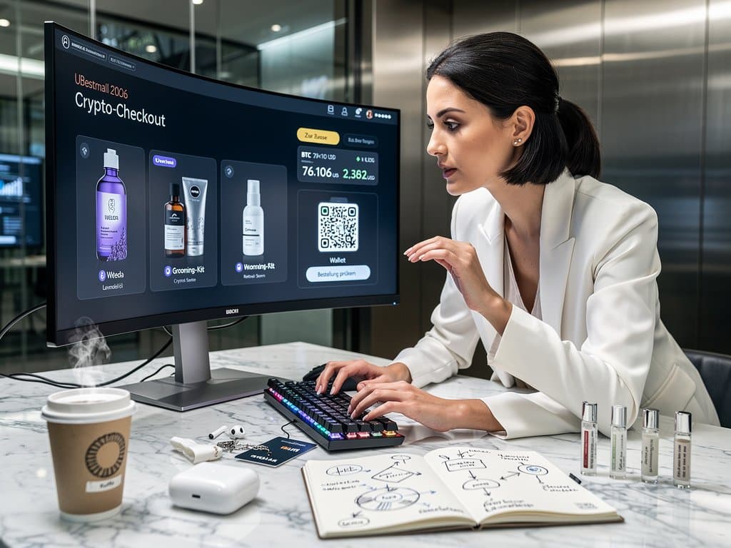 UBestmall 2026 Plattform: Crypto-Checkout für Skincare, BTC 76k USD, Beauty-Produkte auf modernem Screen