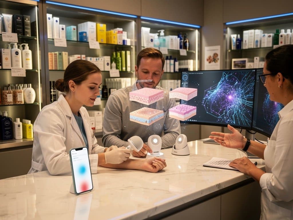 KI-Hautanalyse-Geräte und Apps in modernem Beauty-Tech-Labor mit dm-Produkten