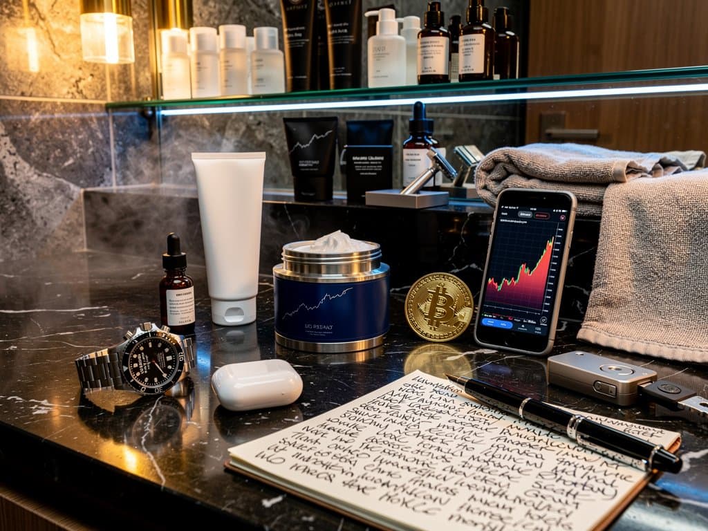 Luxus-Männerpflege mit Bitcoin-Chart bei 140.000 USD-Prognose, CeraVe und Aesop Produkte