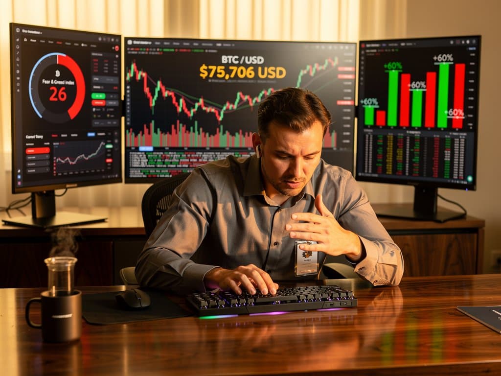 Grooming-Produkte neben Bitcoin-Charts auf Monitoren in stylish Home-Office, Niacinamid-Serum und La Mer Creme im Fokus