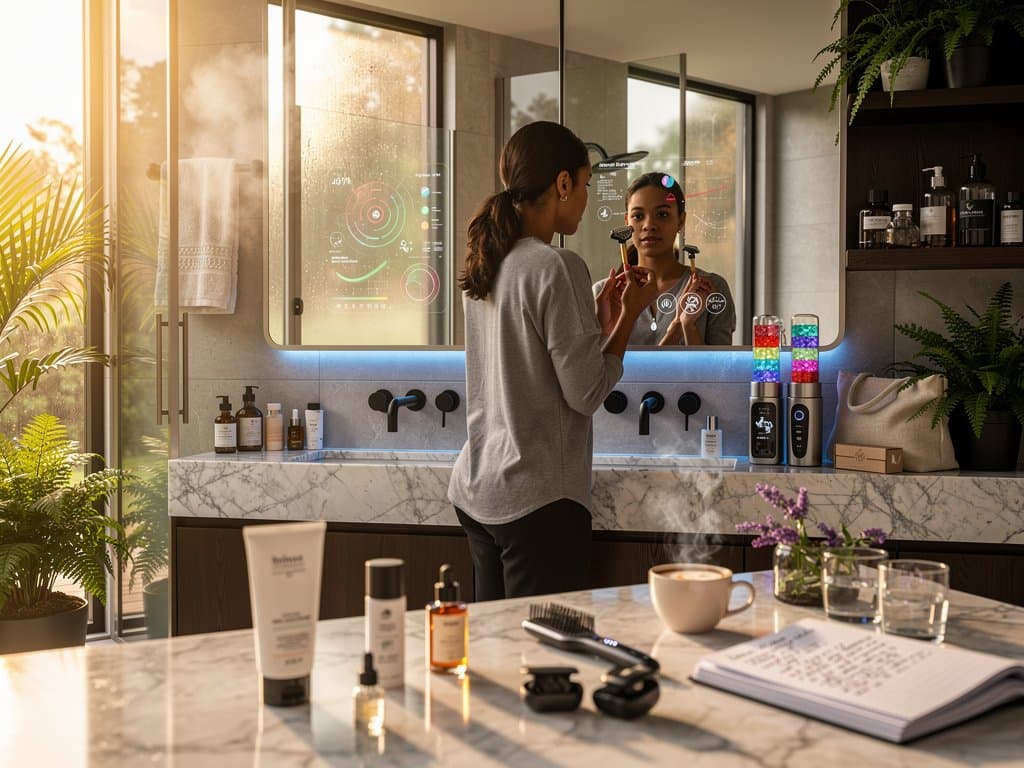 AI-Medtech-Geräte im Badezimmer: Smart-Spiegel scannt Haut, Serum-Mixer und Rasierer für personalisierte Pflege