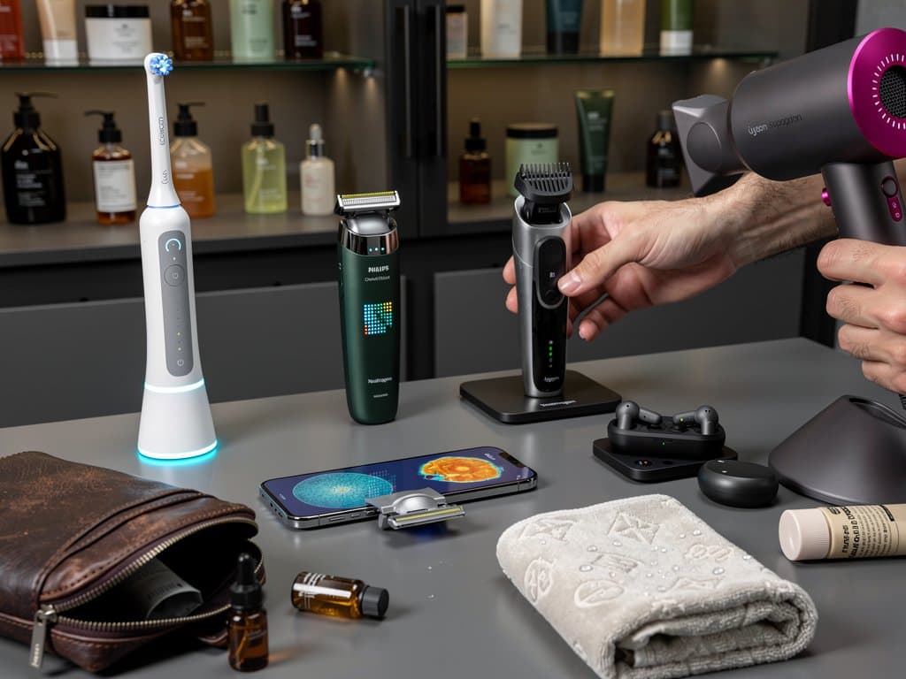 AI-Grooming-Geräte auf Regal: Zahnbürste, Rasierer, Trimmer, Scanner und Trockner mit App-Daten