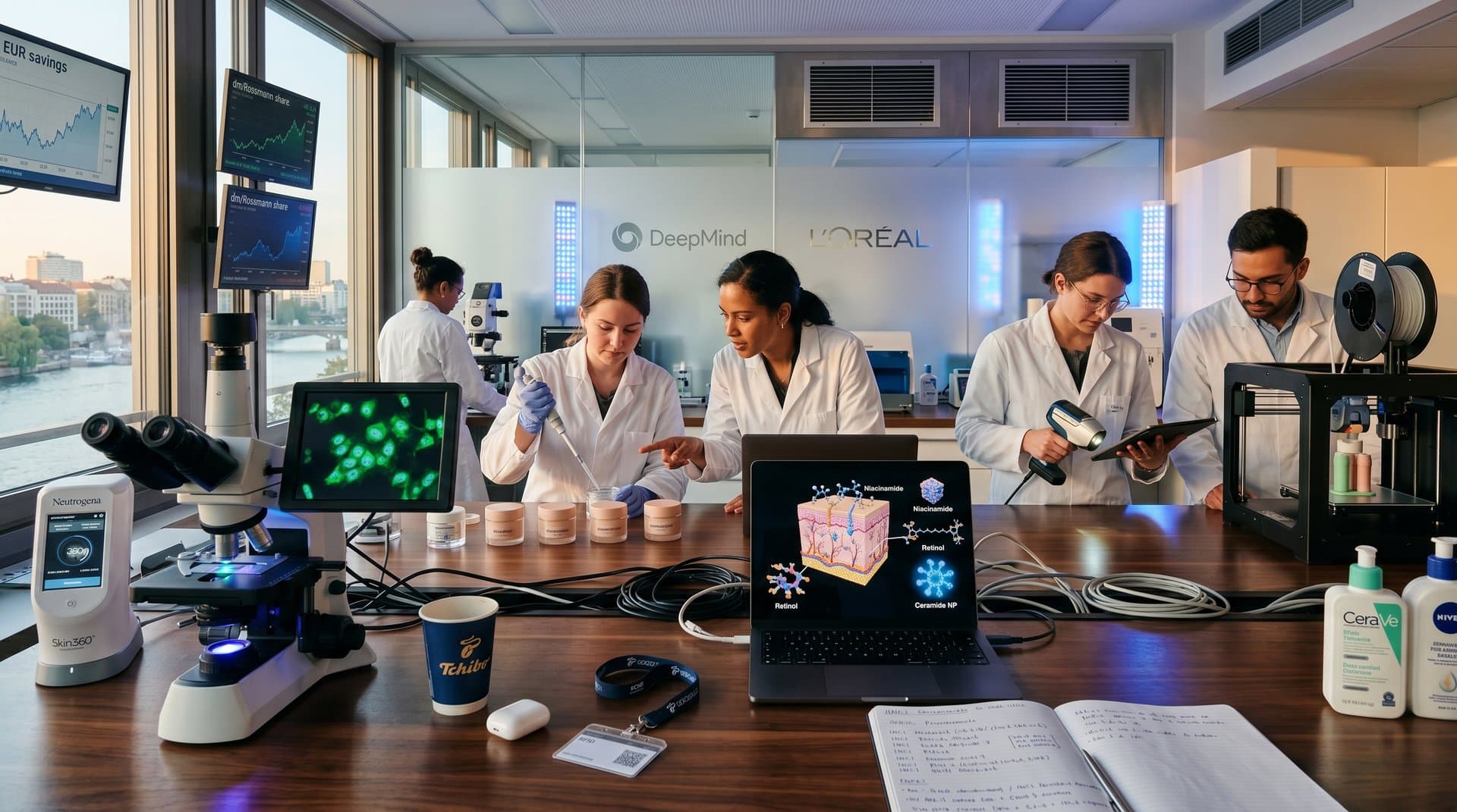 Abstraktes DeepMind-Lab mit AI-Simulationen von Pflegemolekülen, Labortisch mit Cremes und Mikroskop