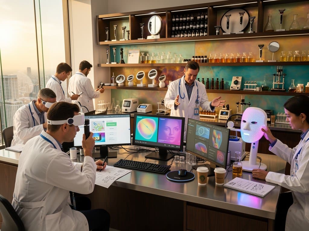 Beauty-Tech-Labor mit KI-Hautscannern, Sensor-Geräten und Datenmonitoren auf modernen Workbänken