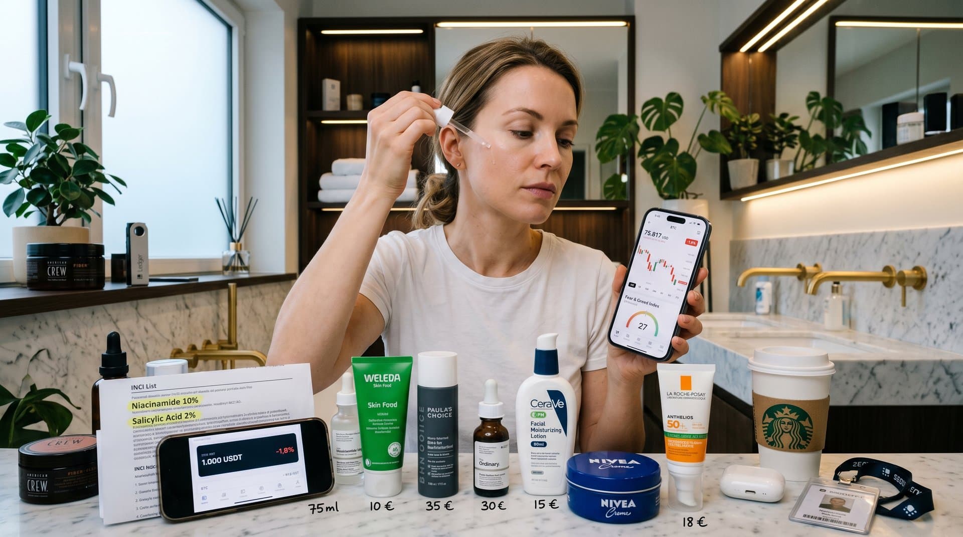 Frau pflegt Haut mit Serum und prüft Crypto-App mit BTC-Charts und Beauty-Produkten