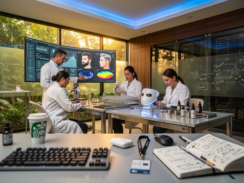 Beauty-Tech-Labor mit AI-Skincare-Monitoren, Prototypen und Marktcharts in modernem Design