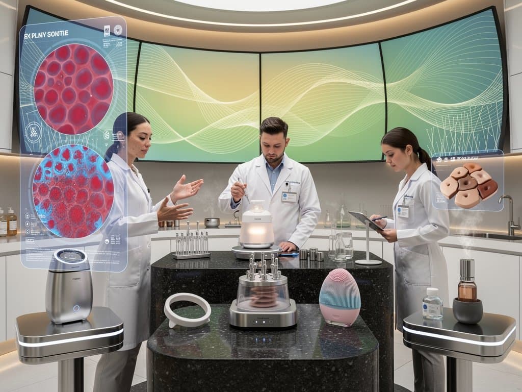 AI Skin Scanner und Pflegegeräte in modernem MedTech-Labor mit Daten-Displays und Prototypen