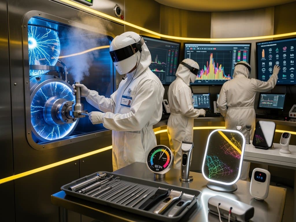 Cleanroom-Ingenieur justiert Helium-Ventil für AI Beauty Tech-Chips in deutscher Fabrik